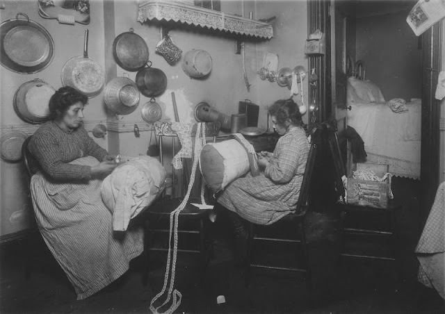 Mrs. Palontona And 13 Year Old Daughter, Working On Pillow-Lace In Dirty Kitchen Of Their Tenement Home.
