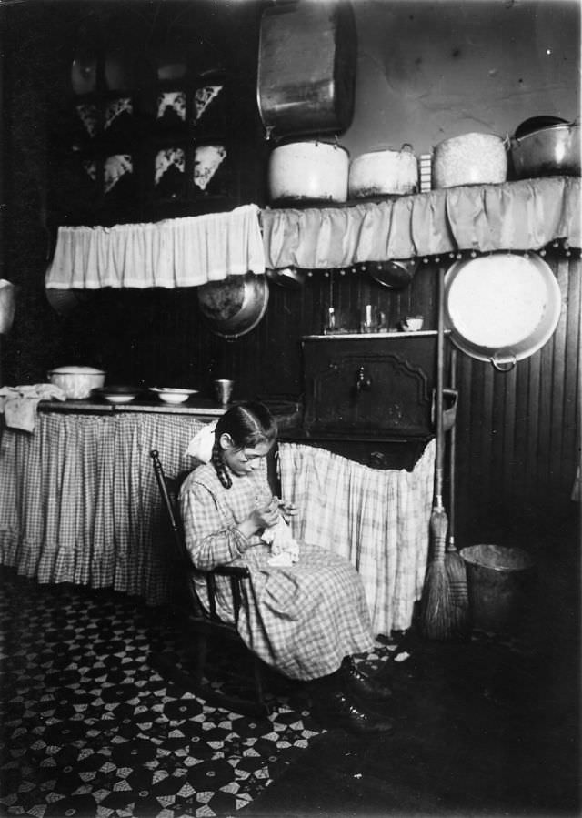 Camela, 12 Years Old, Making Irish Lace For Collars. Works Until 9 P.m. In Dirty Kitchen. New York City, January 1912