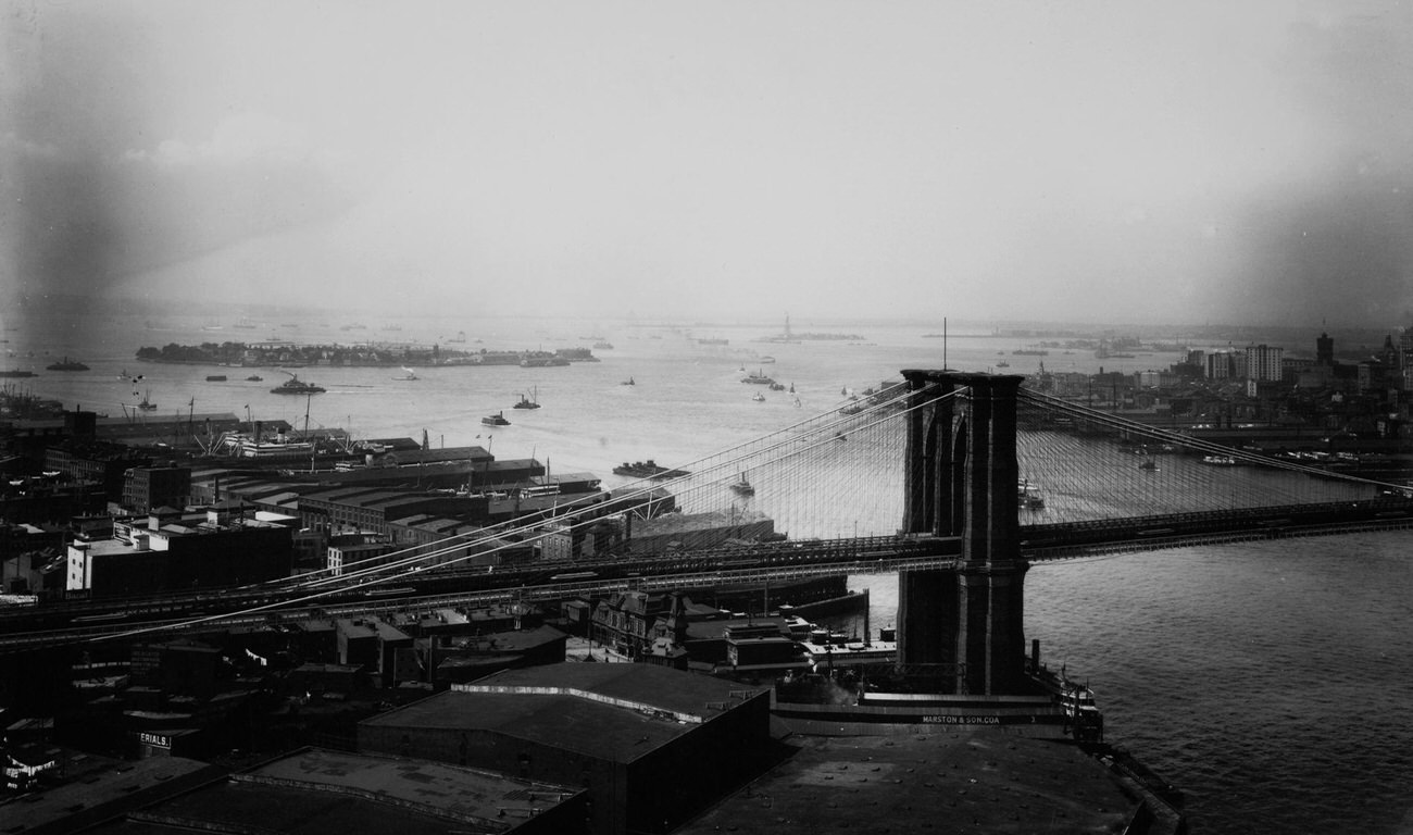 View Of Brooklyn Bridge From The Brooklyn Side With Governor'S Island And Manhattan In The Background, Brooklyn, Early 1900S