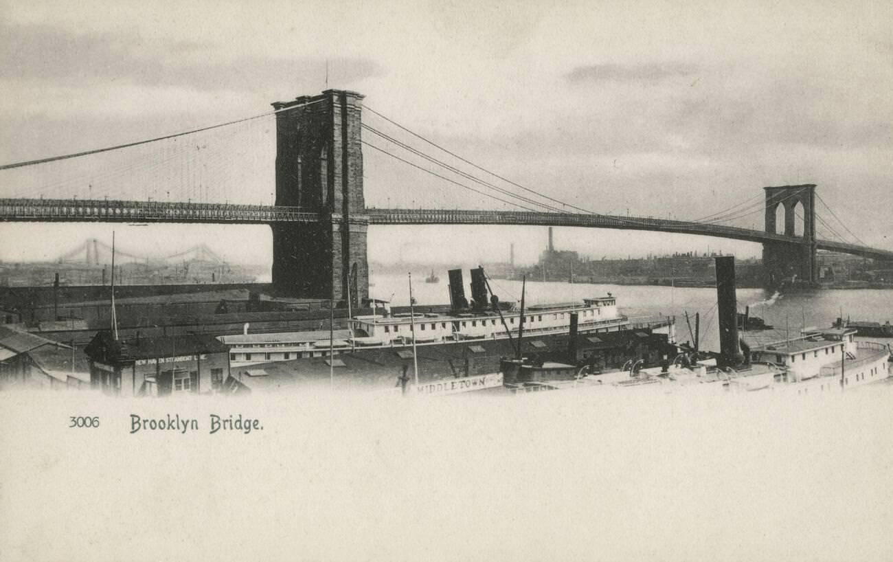 Brooklyn Bridge With New Haven Steamboat Line Pier, 1900S