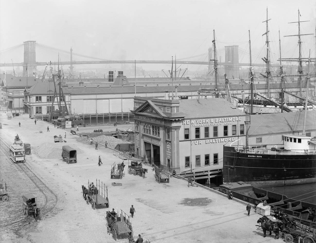 Piers Along South Street With Brooklyn Bridge, 1908