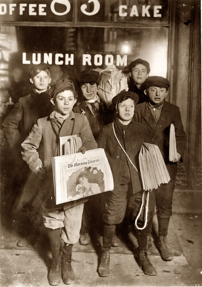 Newsboys Selling On Brooklyn Bridge At 3 A.m. On Sunday, February 23, 1908.