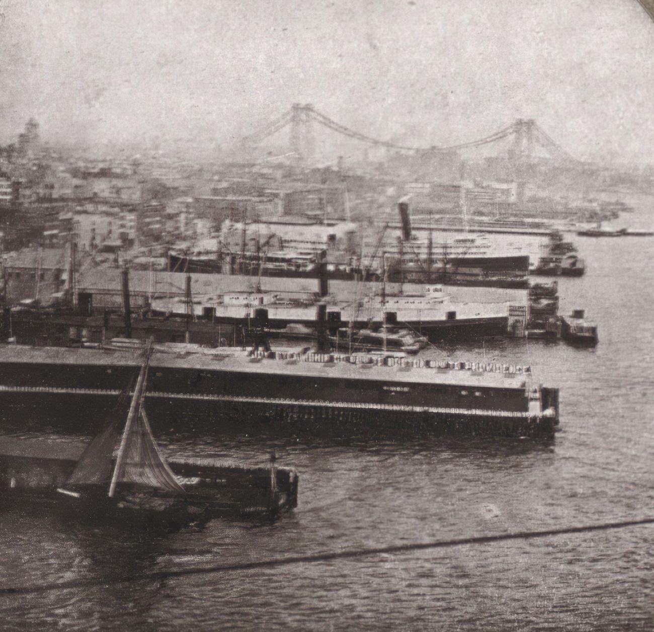 Steamship Docks Above Brooklyn Bridge, 1902