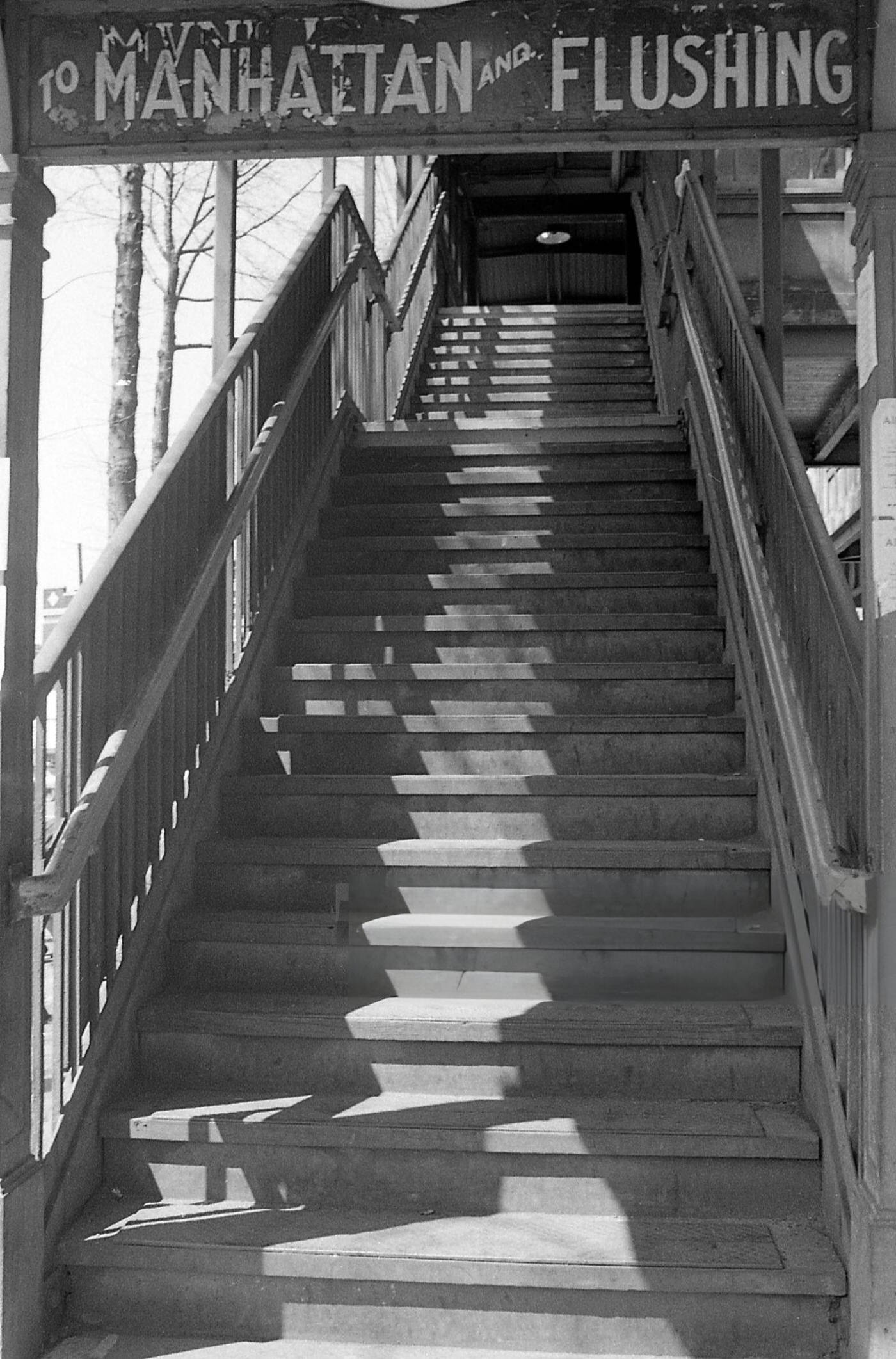 The Staircase Leading To The Elevated Subway On Roosevelt Avenue In Corona, Queens, 1970.
