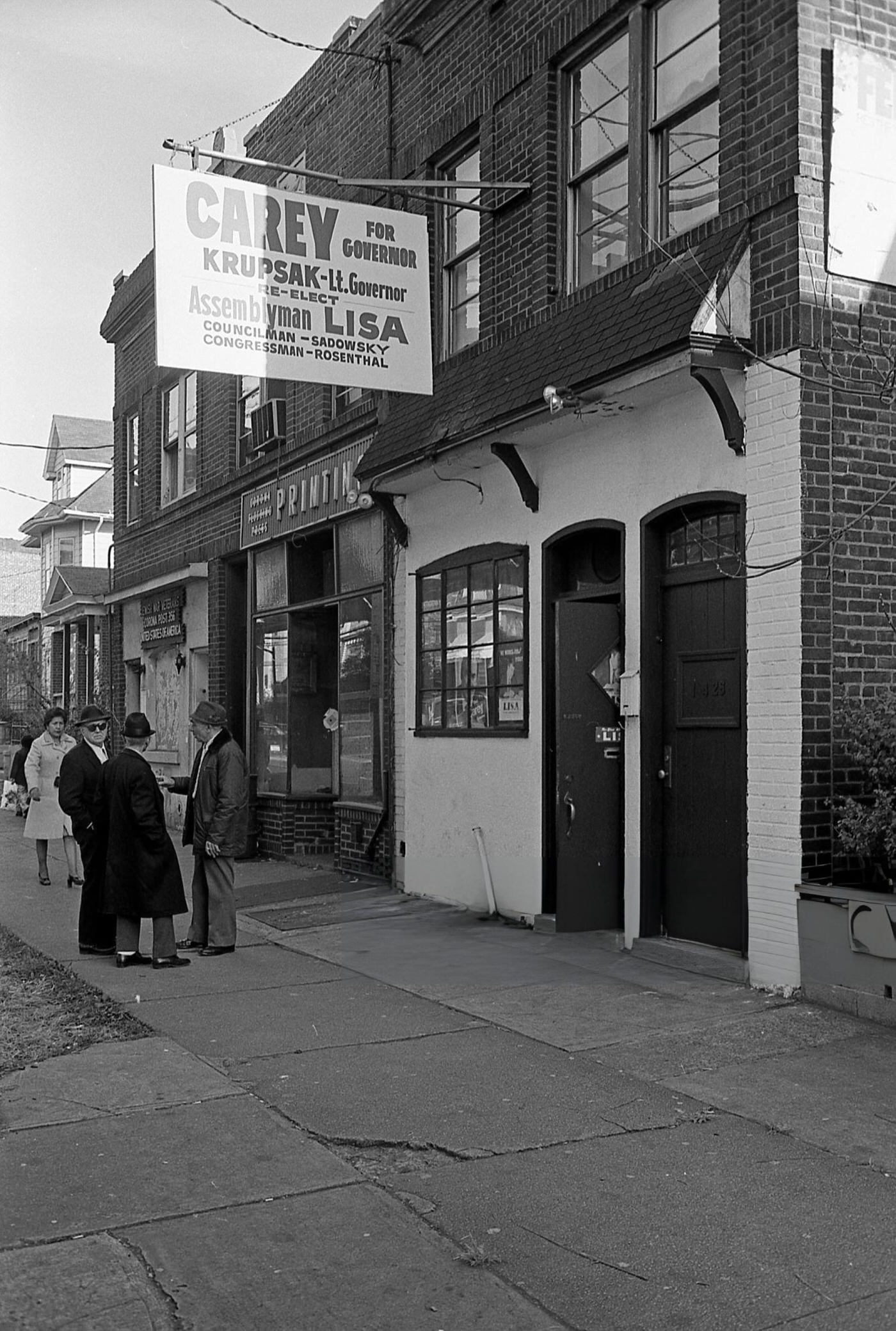 People Outside Hugh Carey’s Campaign Headquarters On Roosevelt Avenue In Queens' Corona Neighborhood, 1974.