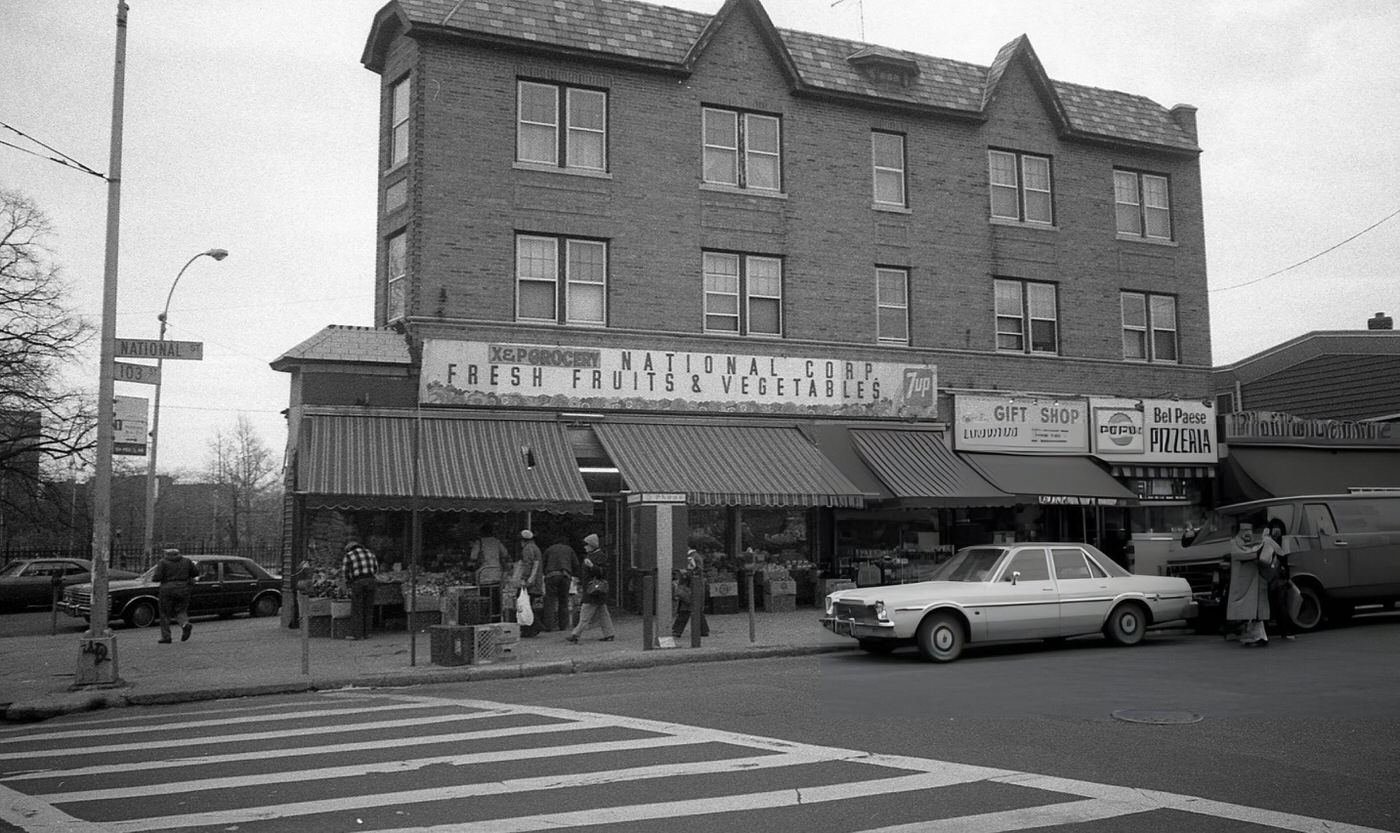 X&Amp;Amp;P Grocery, Likavitos Gift Shop, And Bel Paese Pizzeria On National Street In Corona, Queens, 1982.