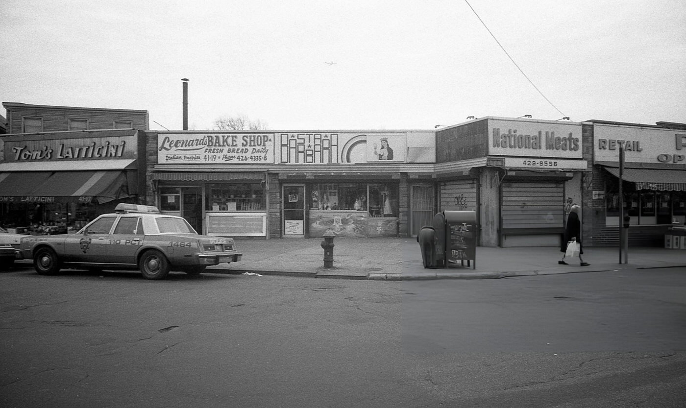 Tom'S Latticini Market, Leonard'S Bake Shop, Star Barbara, And National Meats On 102Nd Street In Corona, Queens, 1982.
