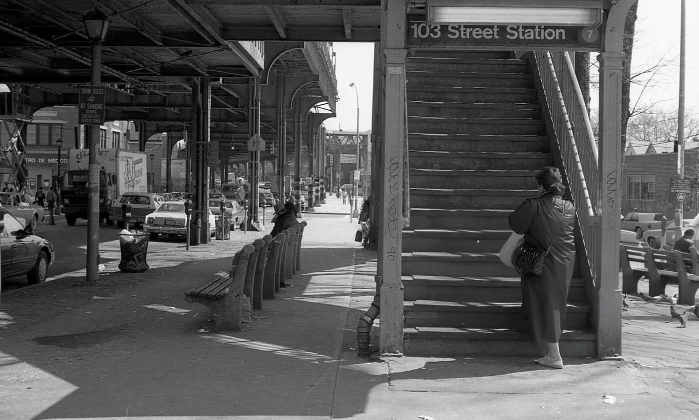 A Commuter Walks Up The Staircase To The Elevated Subway On Roosevelt Avenue At 103Rd Street In Corona, Queens, 1990S.