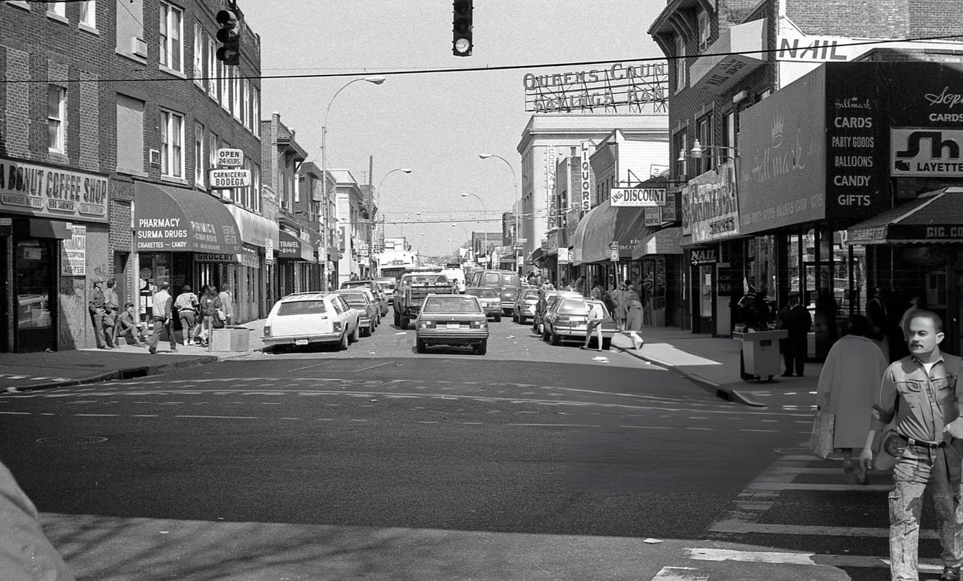 Various Businesses Along 103Rd Street At The Roosevelt Avenue Intersection In Corona, Queens, 1990S.