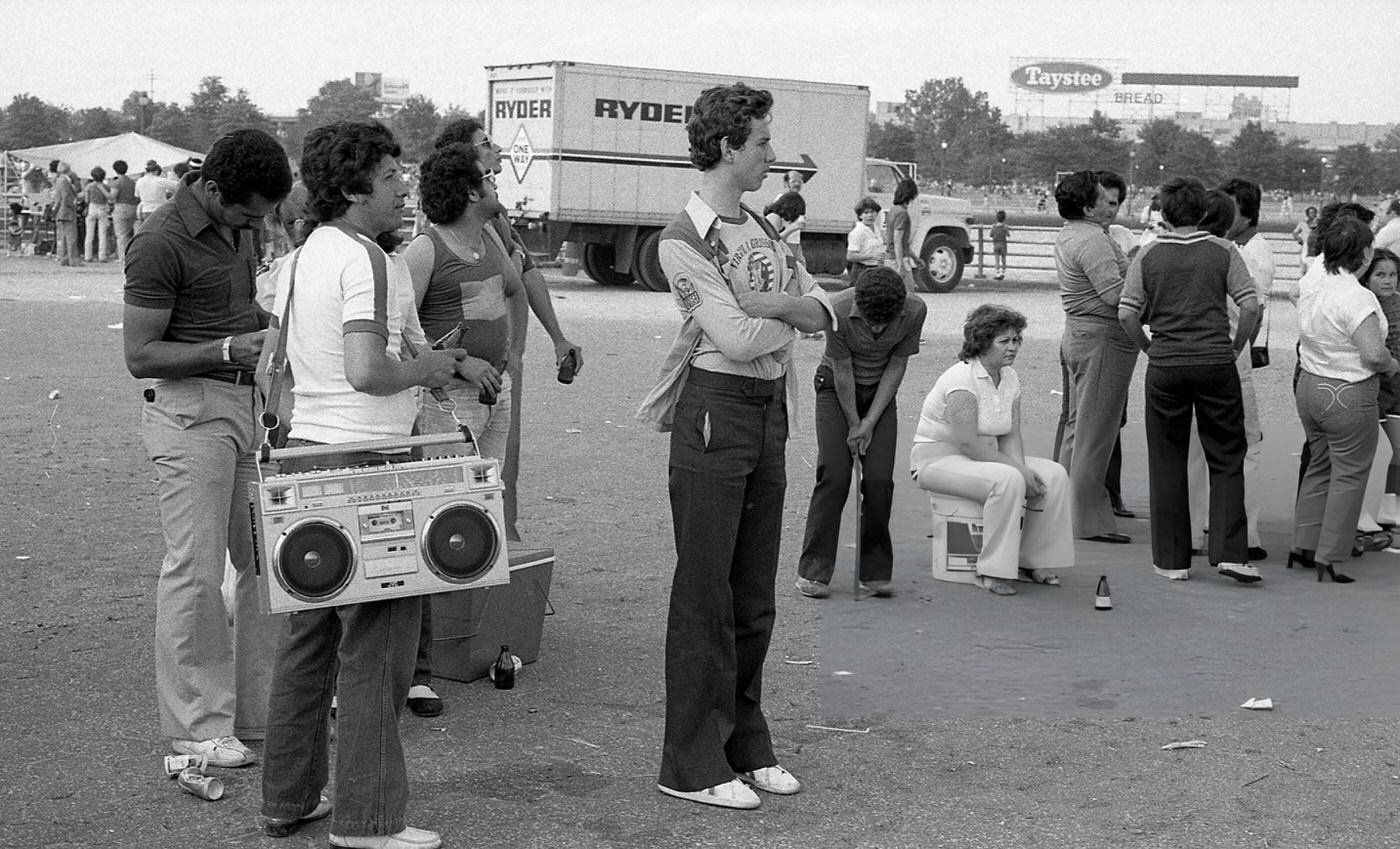 People wait in line in Flushing Meadows Park, Corona, Queens, 1980.