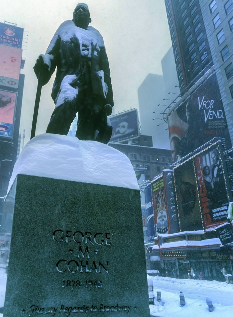 Snow Covered Blizzard George M Cohan Statue Times Square Midtown Manhattan, 2000S.