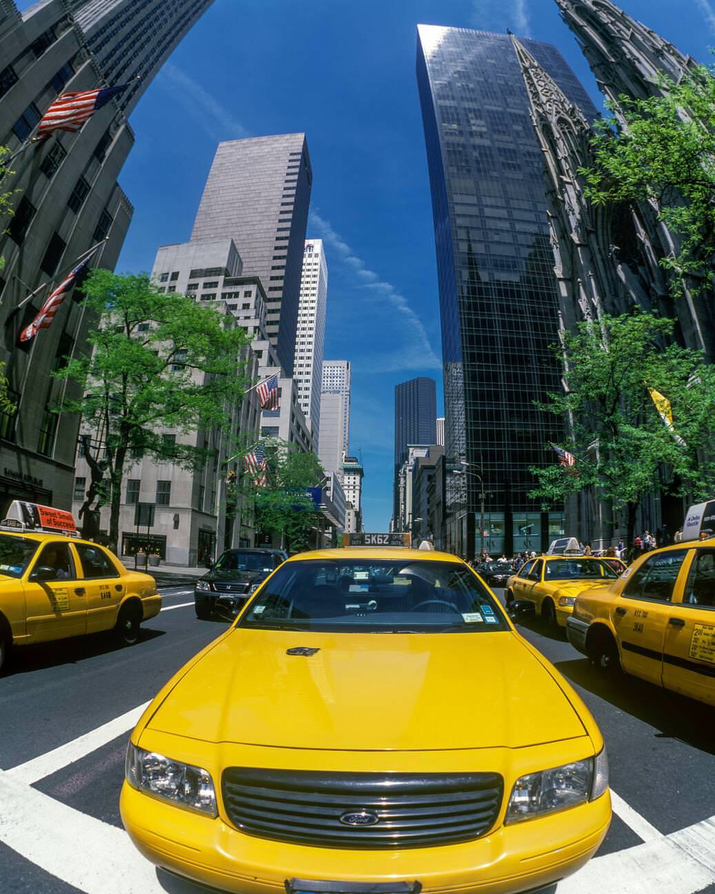 Street Scene Yellow Taxi Cabs Fifth Avenue Manhattan New York City, 2000S.