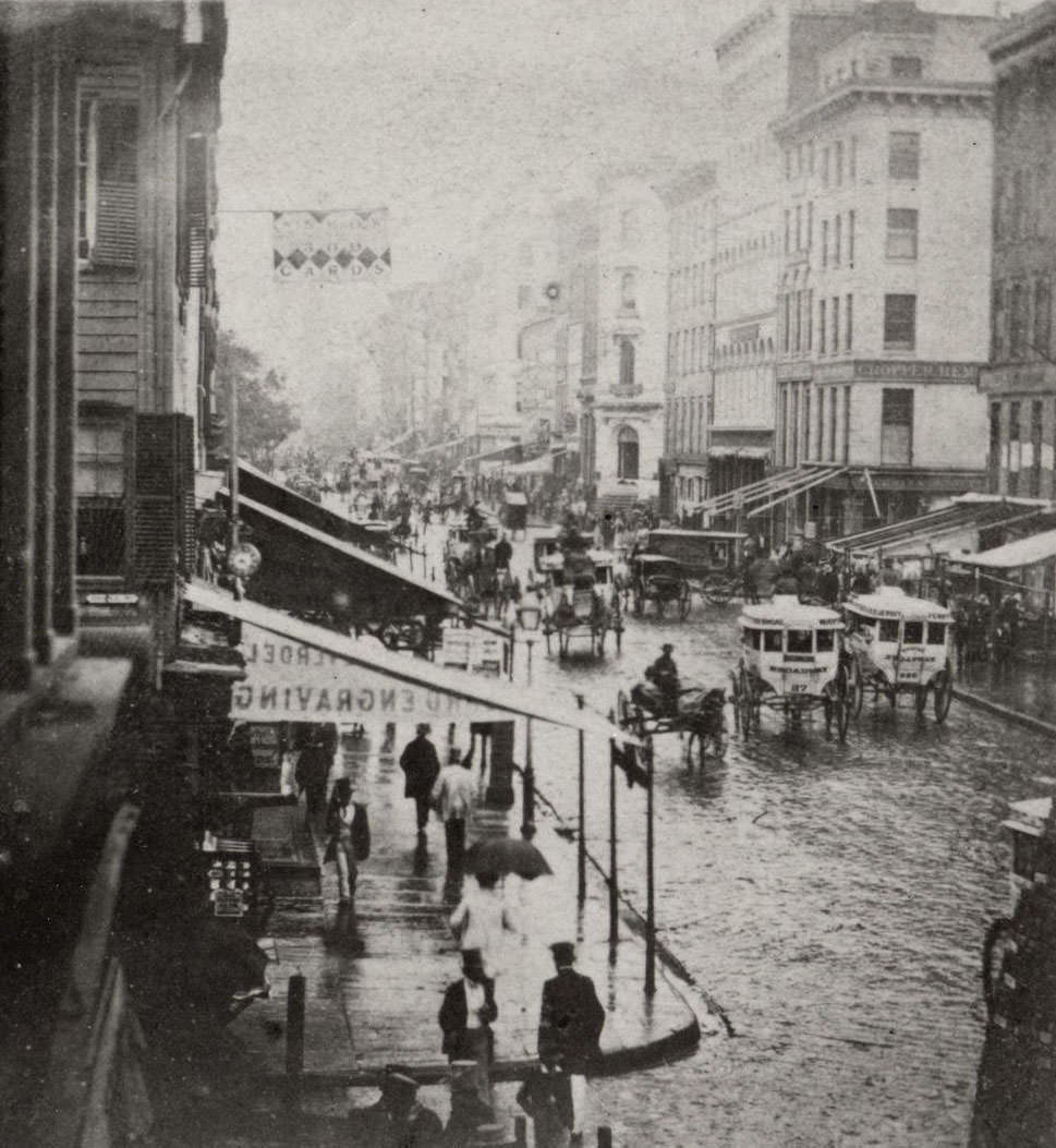 Tereoscopic View Of Along Broadway, During Rainy Weather, 1860
