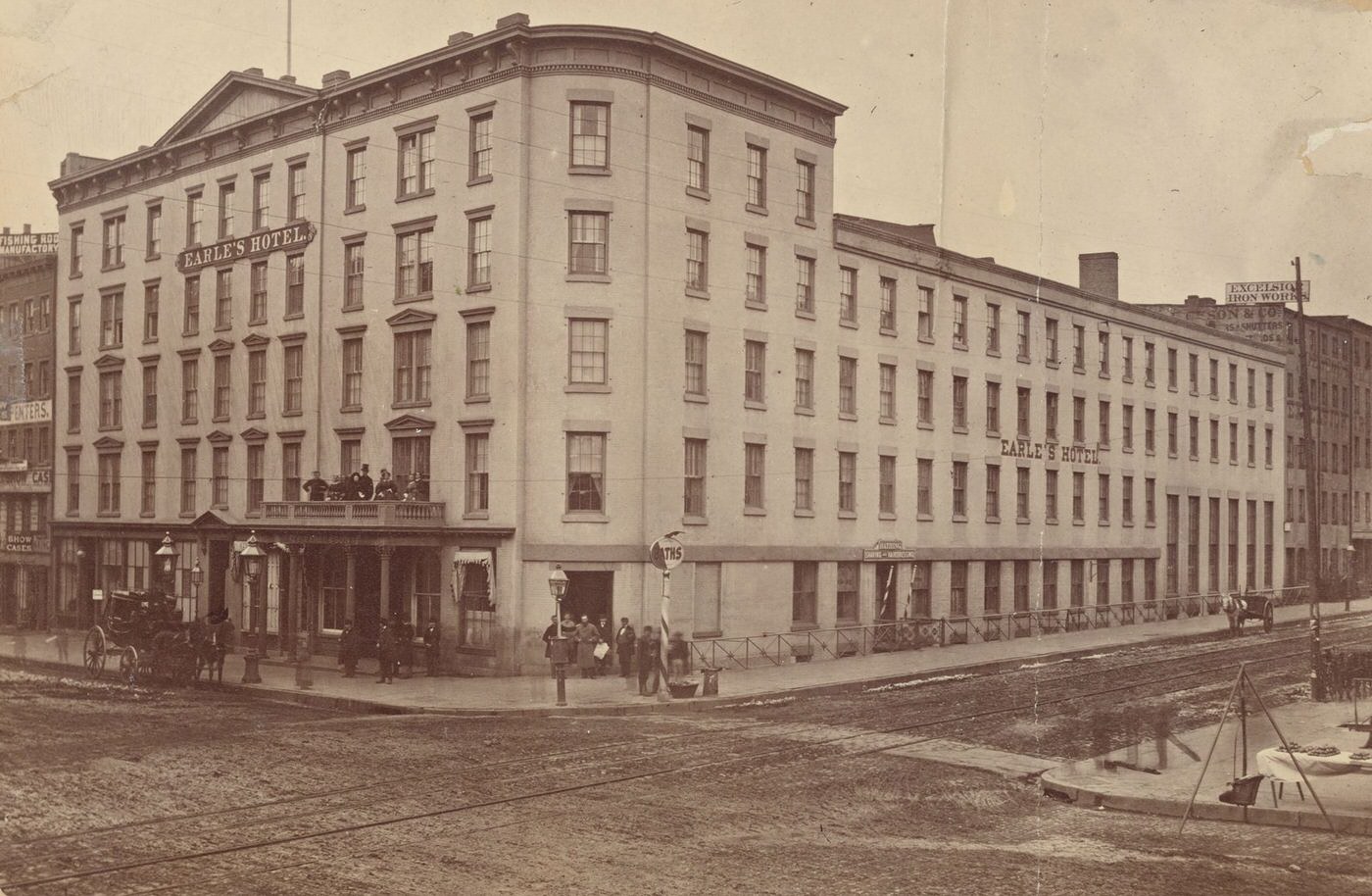 Earle'S Hotel, Excelsior Iron Works, Lorenz &Amp;Amp; Core Show Cases, And A Child'S Swing, 1860S.