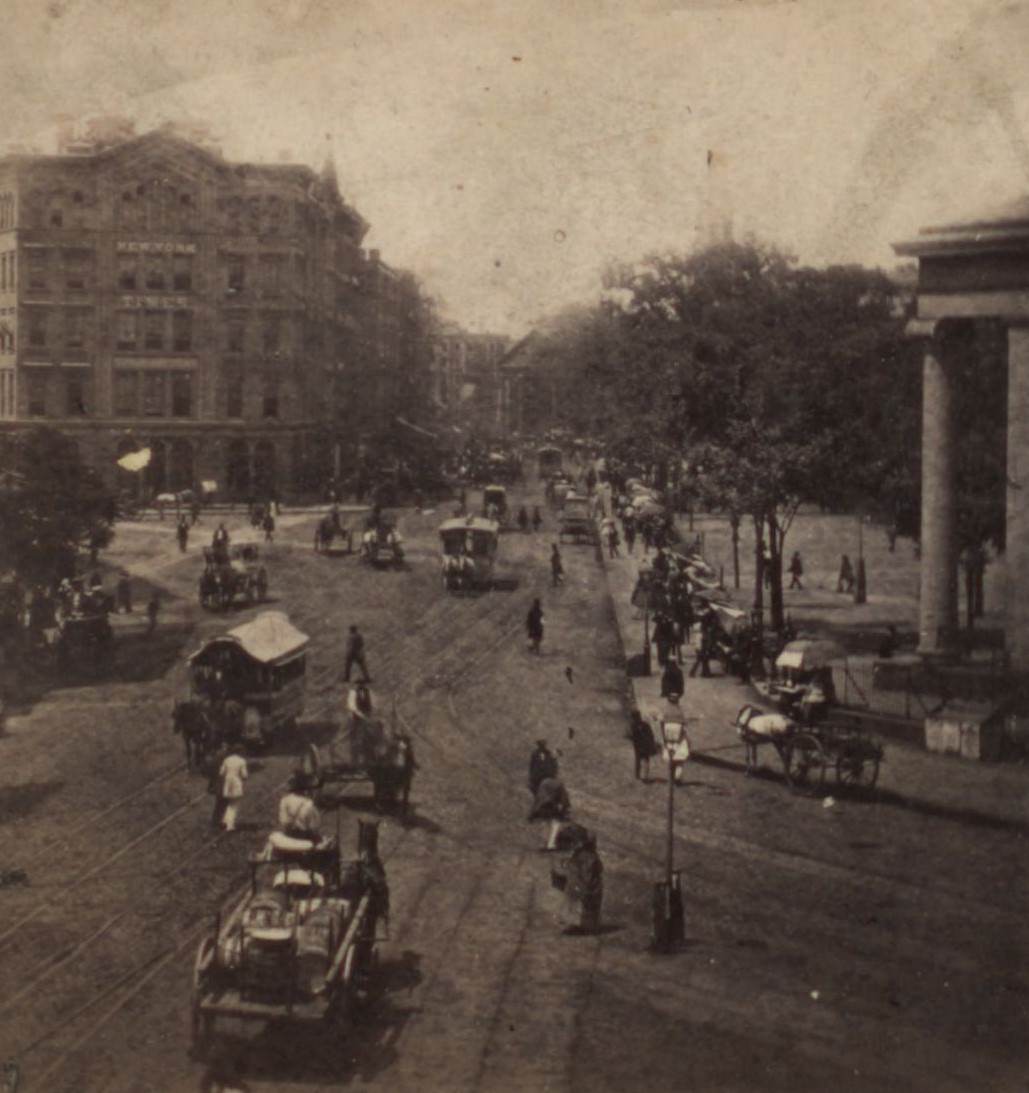 Park Row From Tryon Row, The City Hall Park On The Right, Showing The Times Building, And A Distant View Of St. Paul'S Church, 1860S.