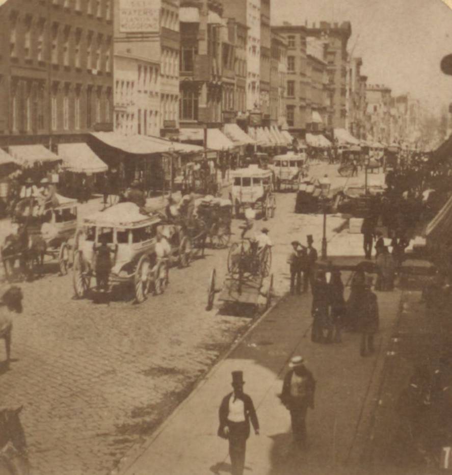 Broadway Street Scene With Carriages, Pedestrians And Shops, 1860S.