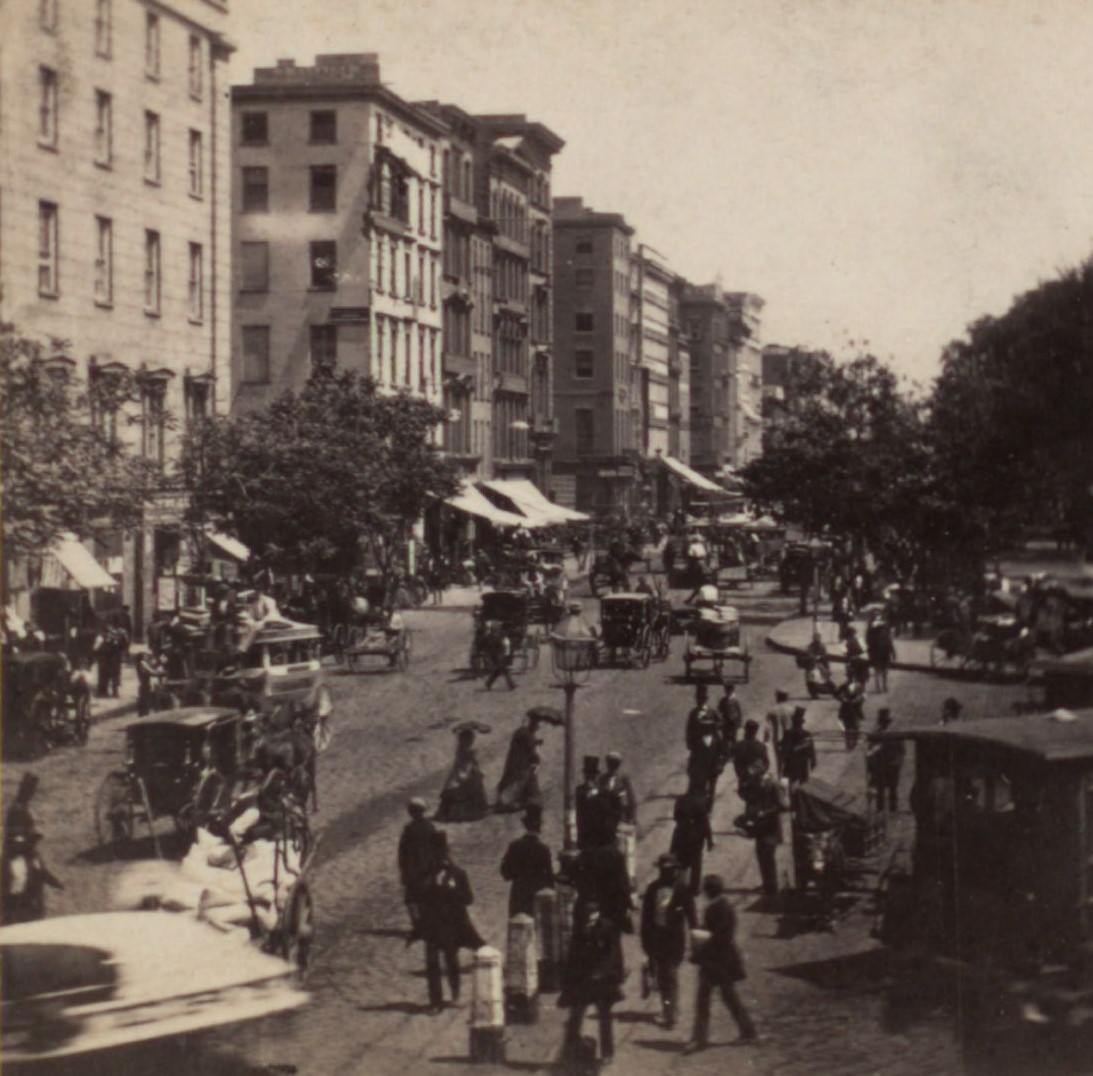Up Broadway From Barnum'S Museum. The City Hall Park On The Right, 1860S.