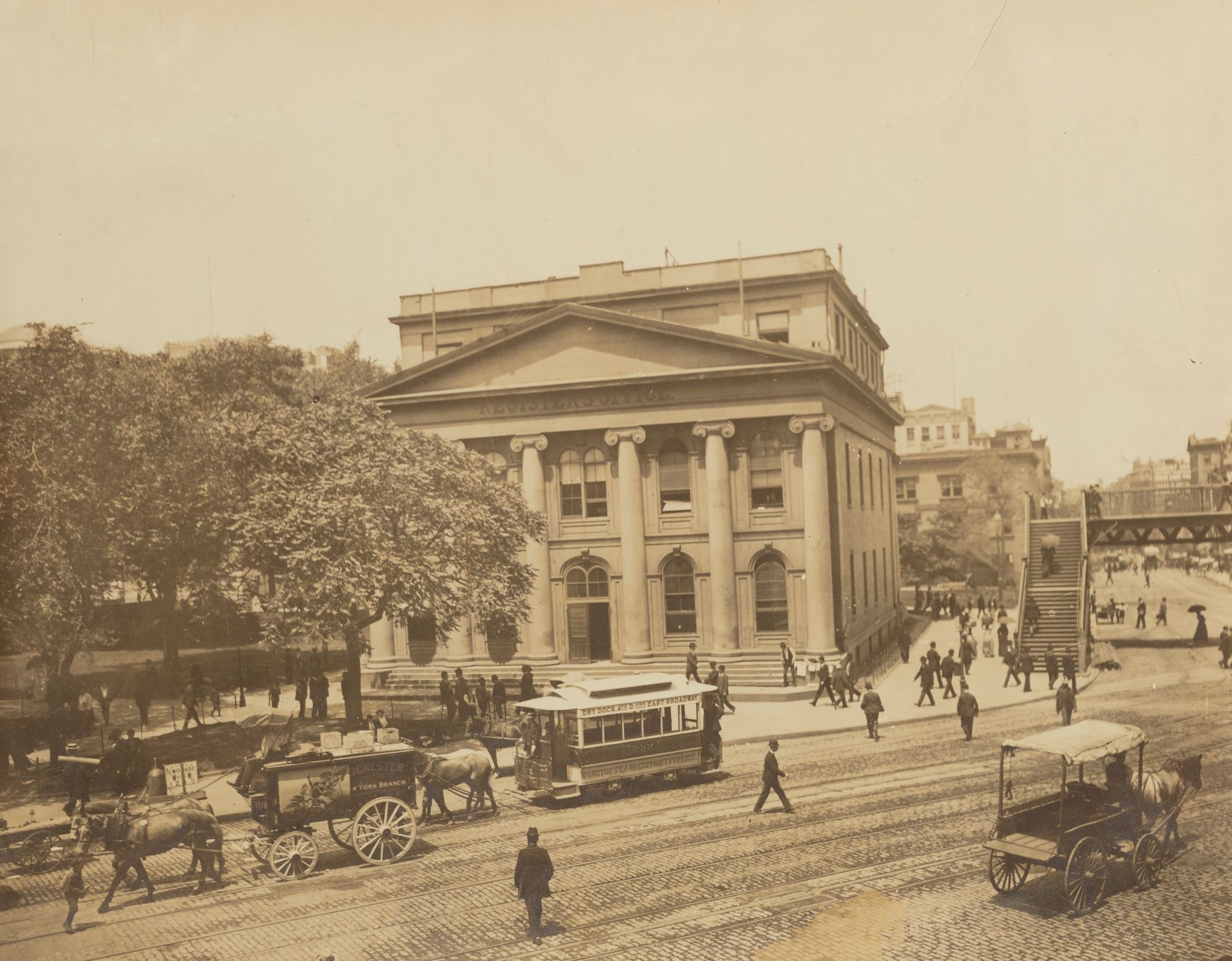 Register'S Office (Hall Of Records), Pedestrian Footbridge, And Horse-Drawn Streetcars, 1870S
