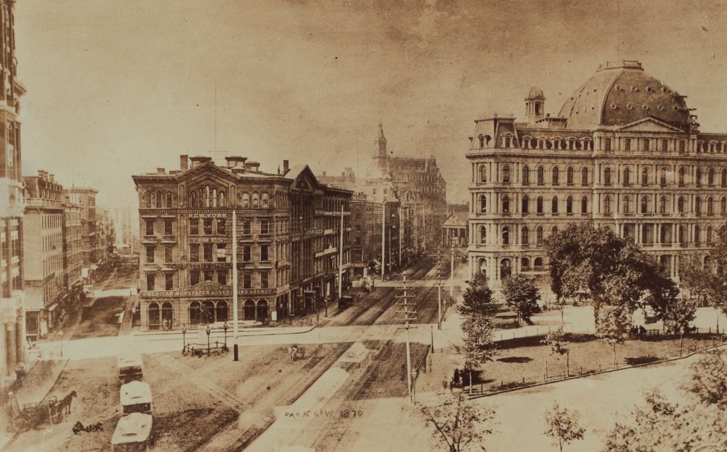 Park Row And Spruce Street, Manhattan, 1870S