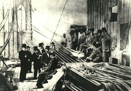 Officers And Workmen Anchor The Brooklyn Bridge, New York, During Construction, 1878.