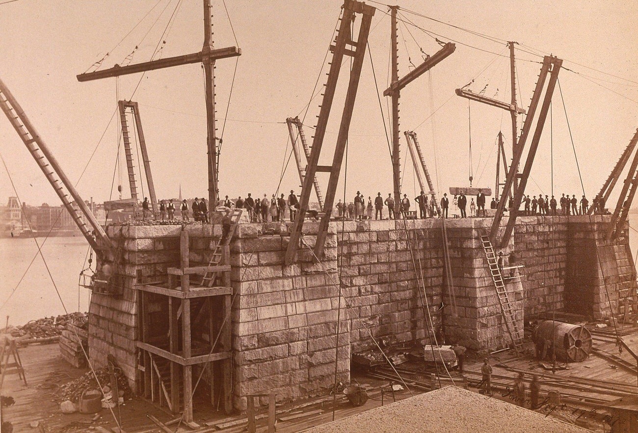 Workers On Brooklyn Bridge Tower During Construction, Brooklyn, 1872