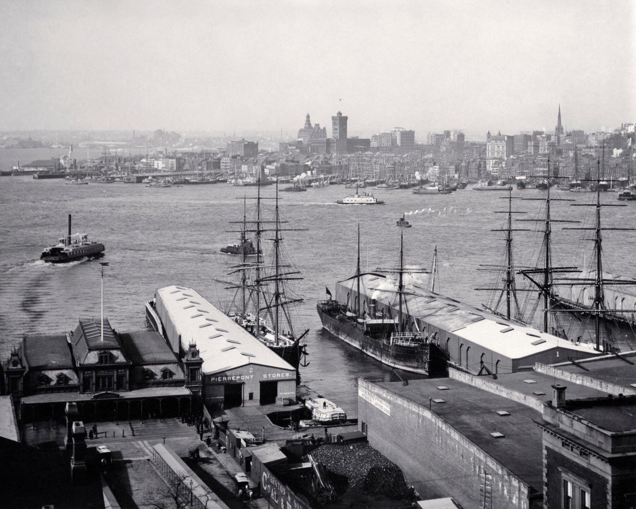 View Of Downtown Manhattan From Brooklyn Docks With East River Flowing Into Harbor, 1880S
