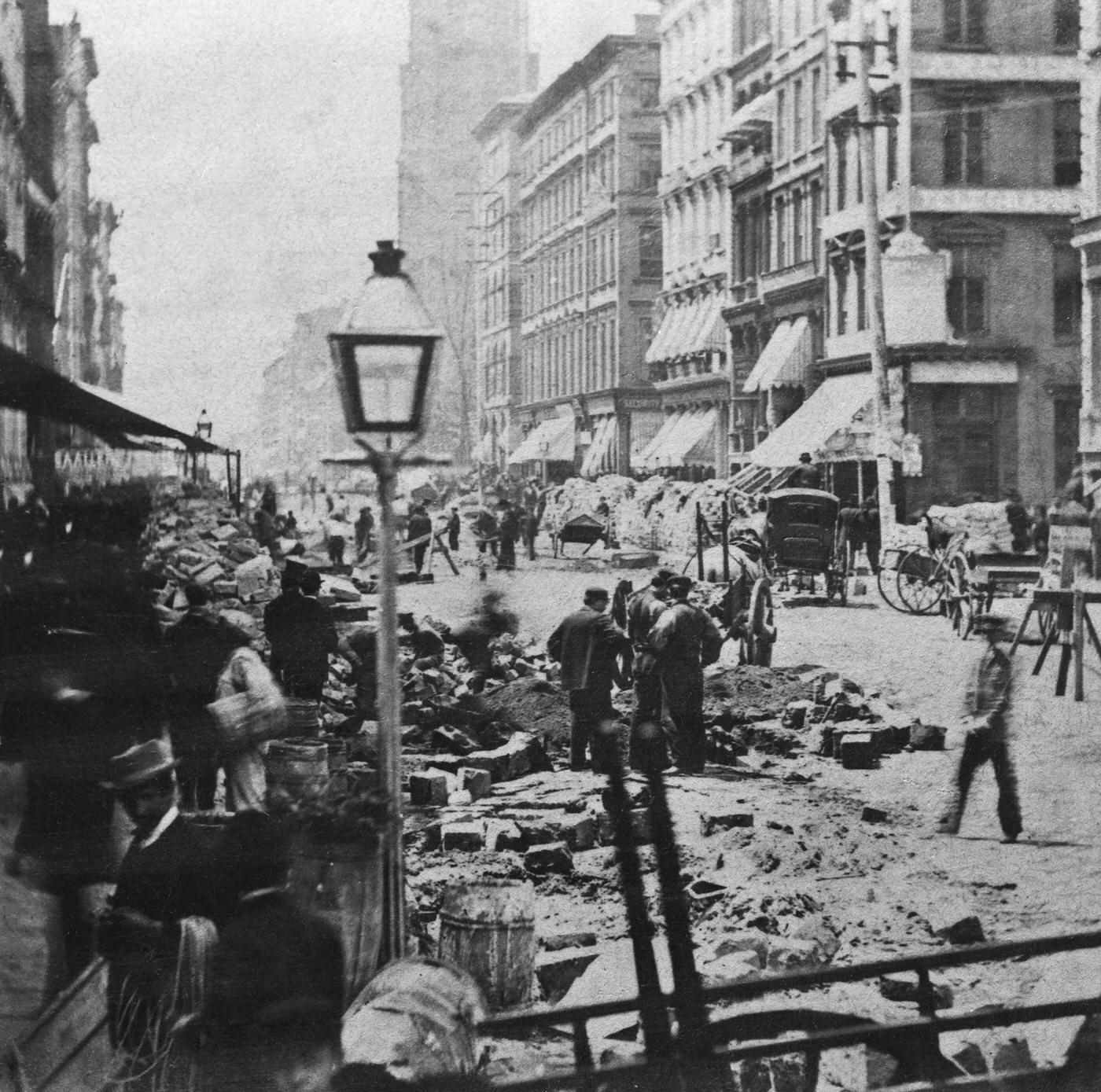 Construction Workers Preparing For Laying Pavement In Lower Manhattan, 1885