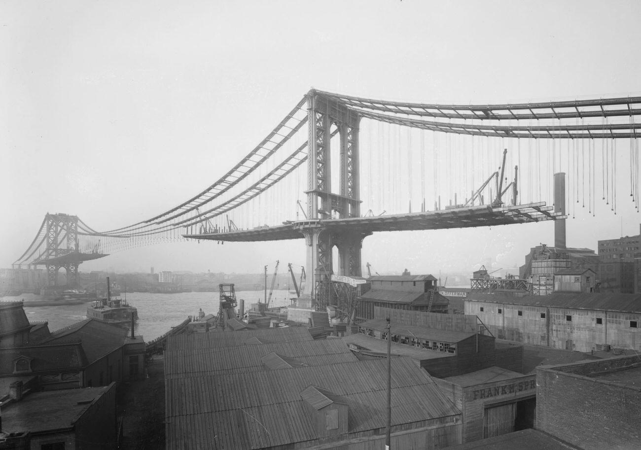 Manhattan Suspension Bridge Under Construction As Viewed From Brooklyn, 1882