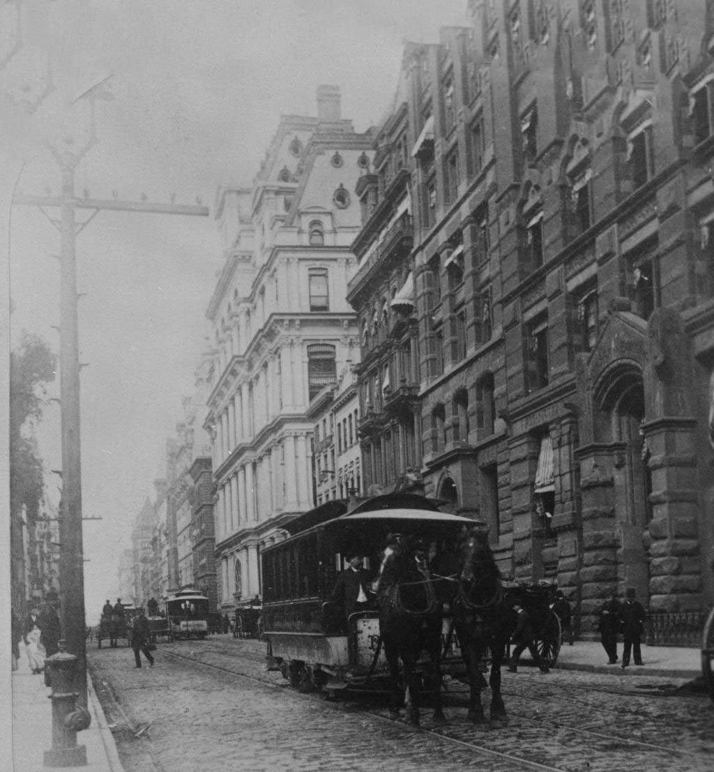 Horse-Drawn Streetcar And Pedestrians At The Intersection Of Wall Street And Broadway, 1880