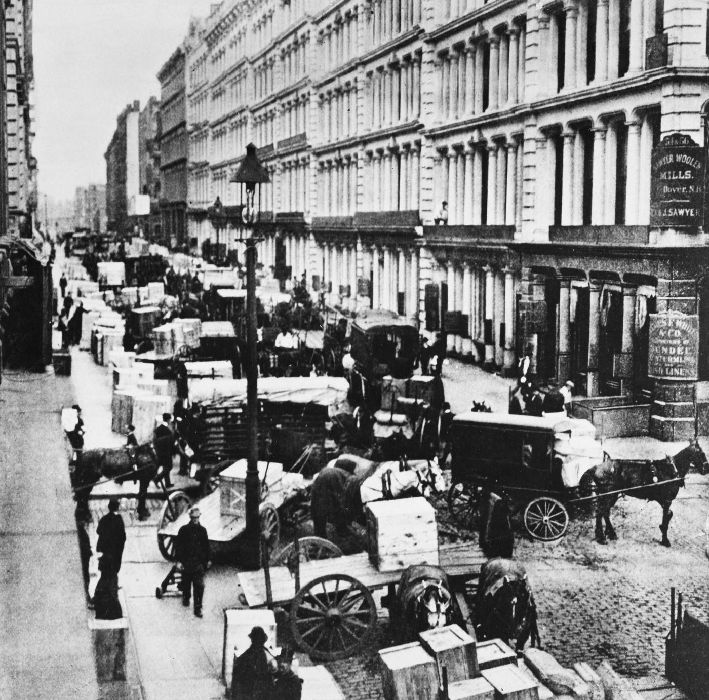 Busy Traffic Scene On Broadway Looking North From Cedar Street, 1880