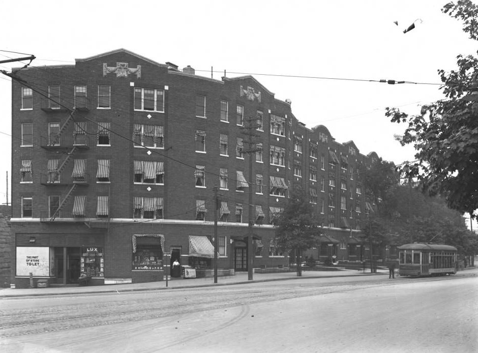 A Apartment Building In Bronx With A Trolley, Circa 1916.