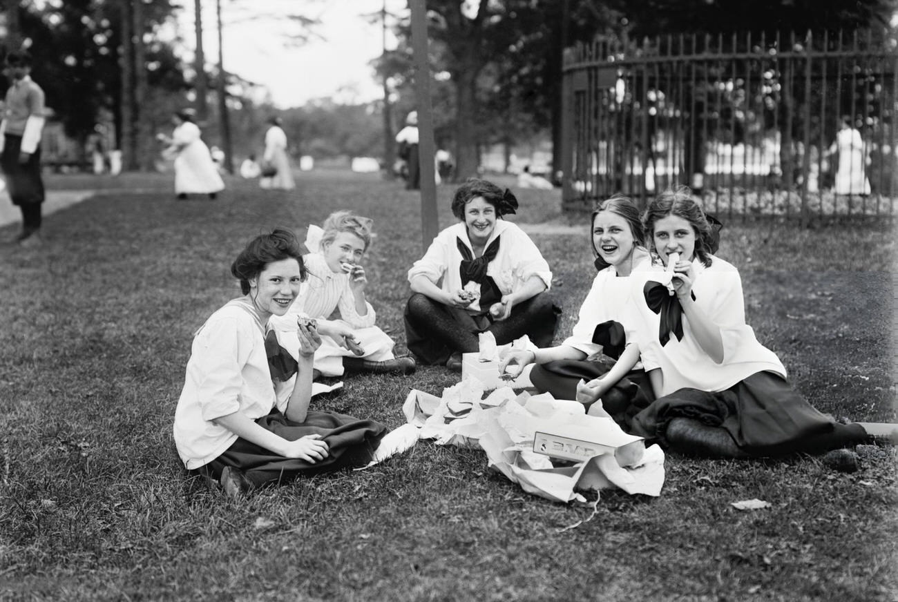 Teen Girls Having Lunch During The Midsummer Day Festival, Pelham Bay Park, Bronx, 1911.