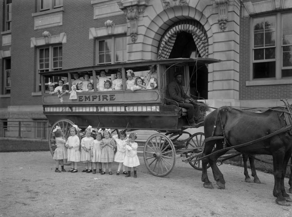 Small Girls Pose In And In Front Of A Horse-Drawn Wagon, Bronx, Circa 1910.
