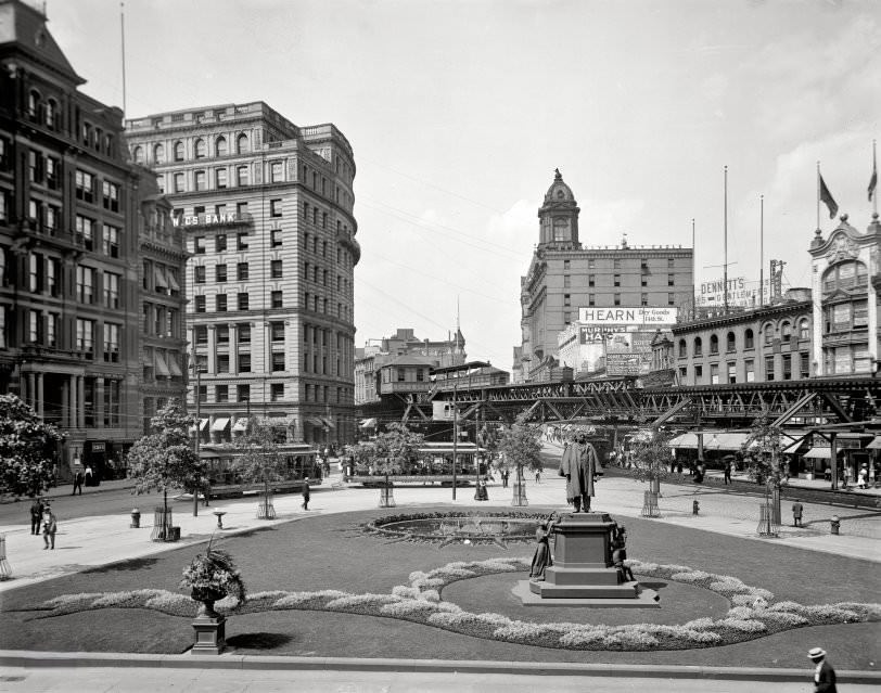 Washington Street From Fulton With Beecher Statue, Brooklyn, New York City, 1910