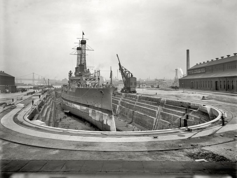 Dry Dock, 1910. Brooklyn Navy Yard, Dry Dock No. 4. An Unidentified Battleship Is Probably Not For Long.