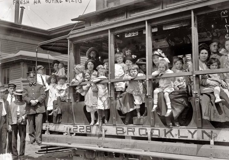 Children And Adults Take A &Amp;Quot;Fresh Air Outing&Amp;Quot; On A Trolley In June In Brooklyn, 1913