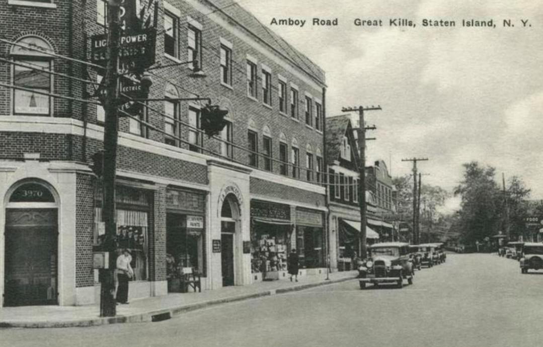 Amboy Road, Great Kills, Featuring Old Cars, Shops, And Signs, 1920S