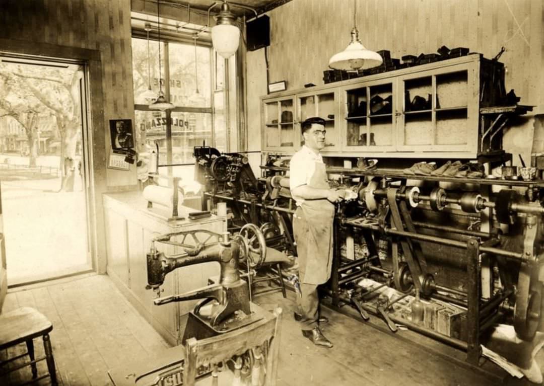 Dominic Polizzano In His Shoe-Repair Shop Across From Stapleton Houses, 1922.