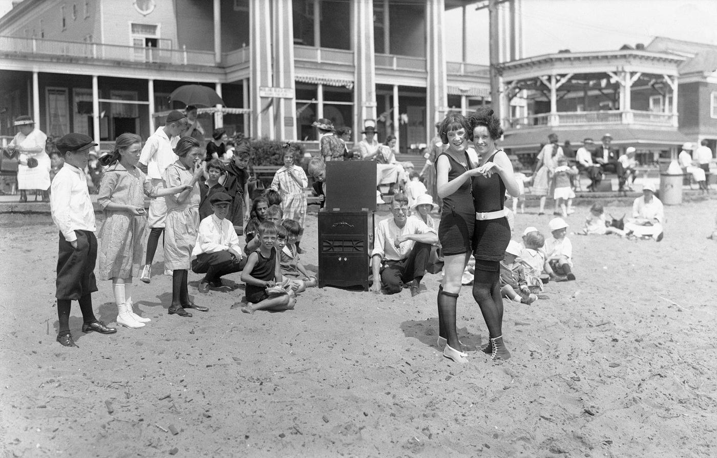 Young Women Dancing On Midland Beach, Staten Island, To Radio-Set Jazz Music.