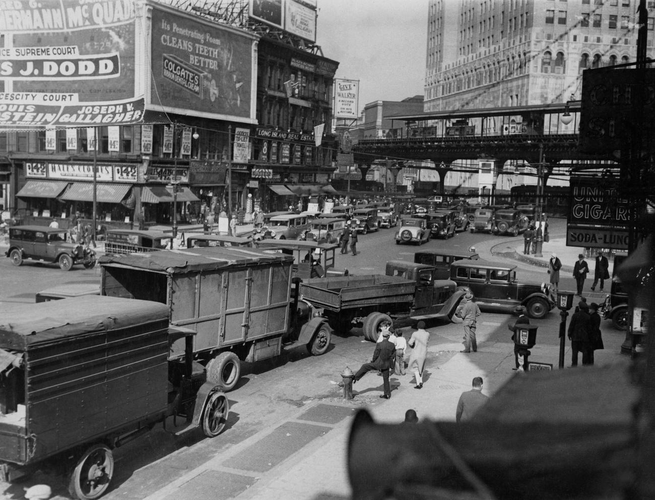 Traffic At Flatbush And Atlantic Intersection Featuring Election Poster And Elevated Railway, Brooklyn, 1929