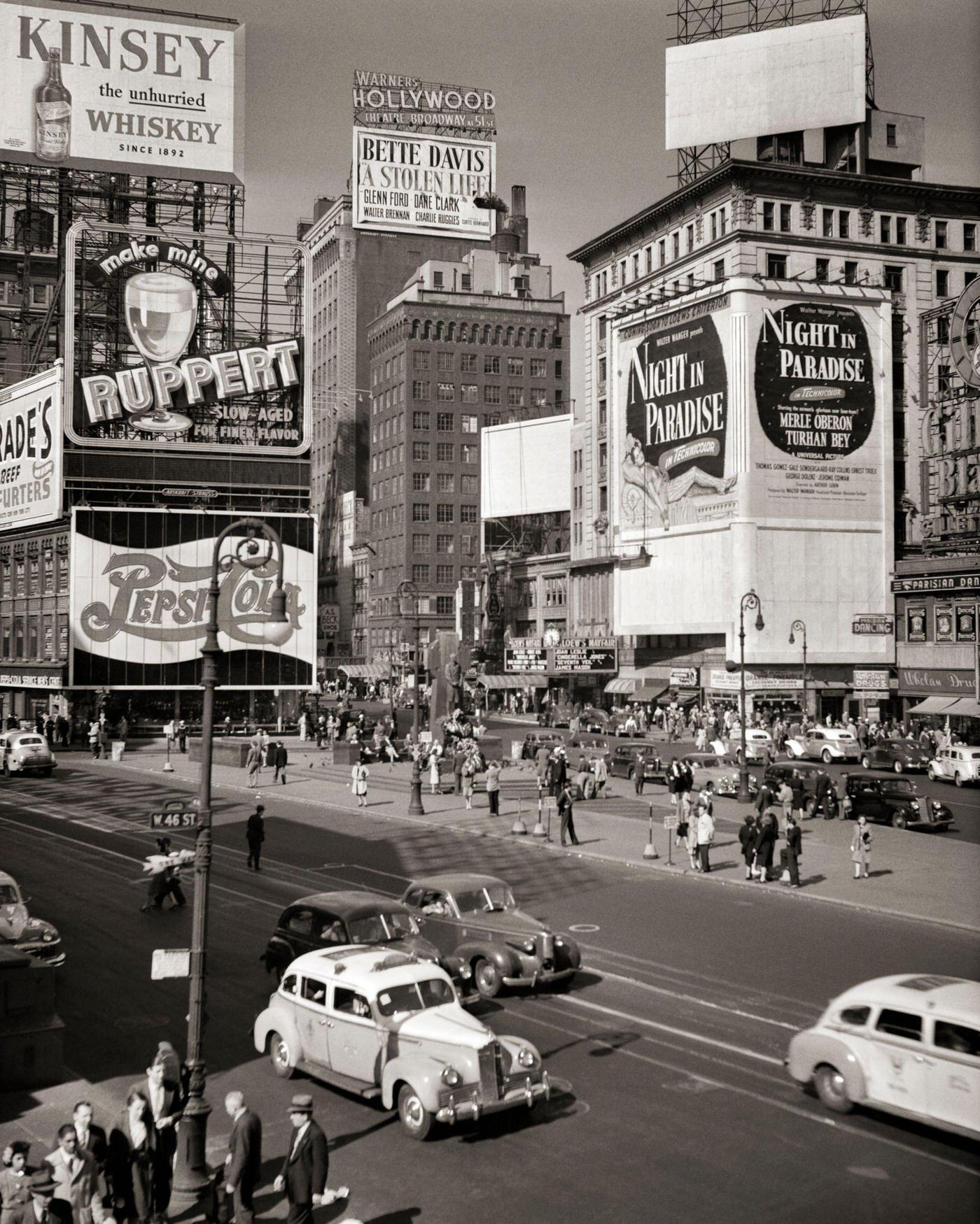 Duffy Square Part Of Times Square, Gaudy Signs For Beverages And Movies Confront Pedestrians, Cars, And Taxis, Manhattan, 1930S