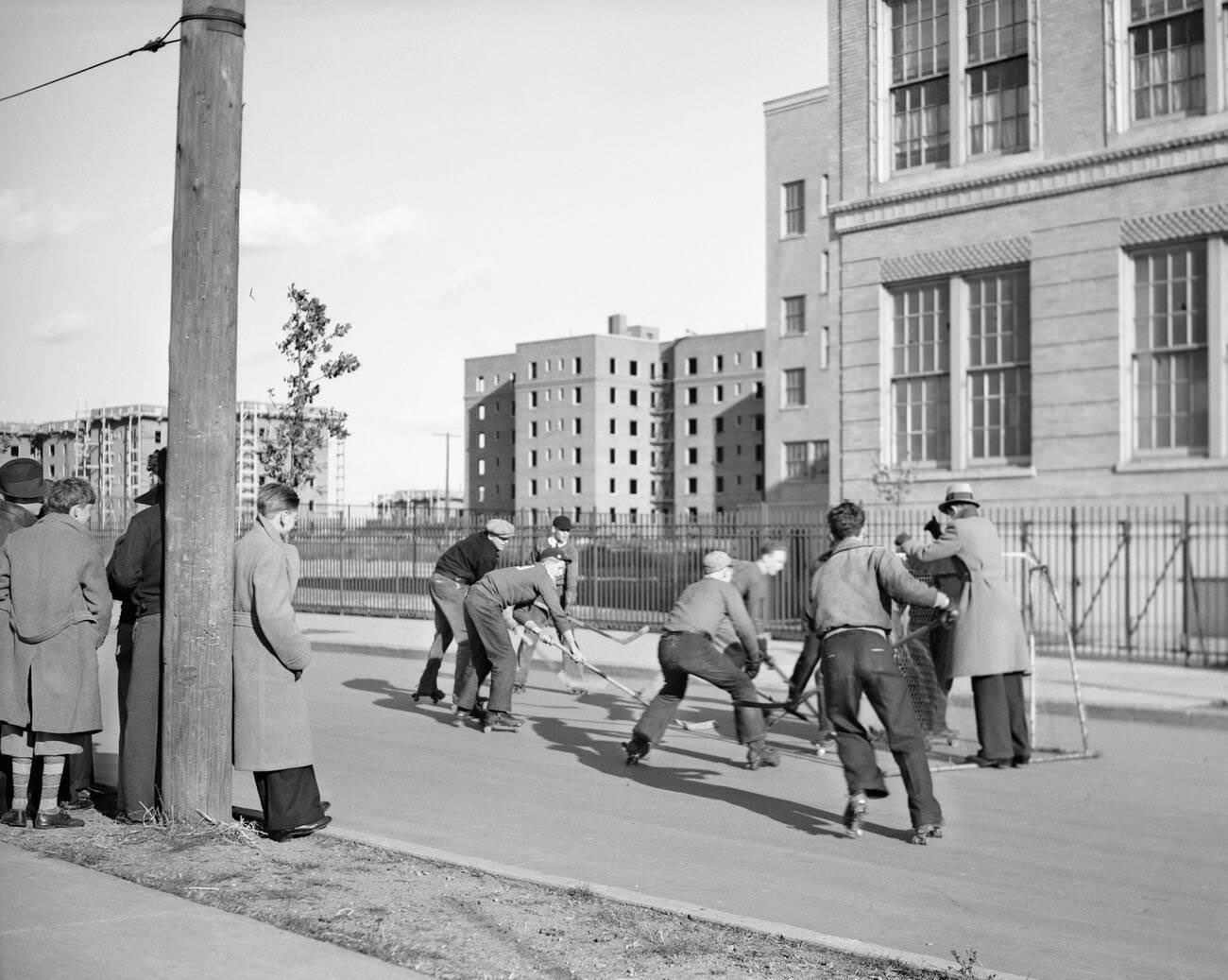 Teen Boys Playing Street Hockey In Queens, 1930S.