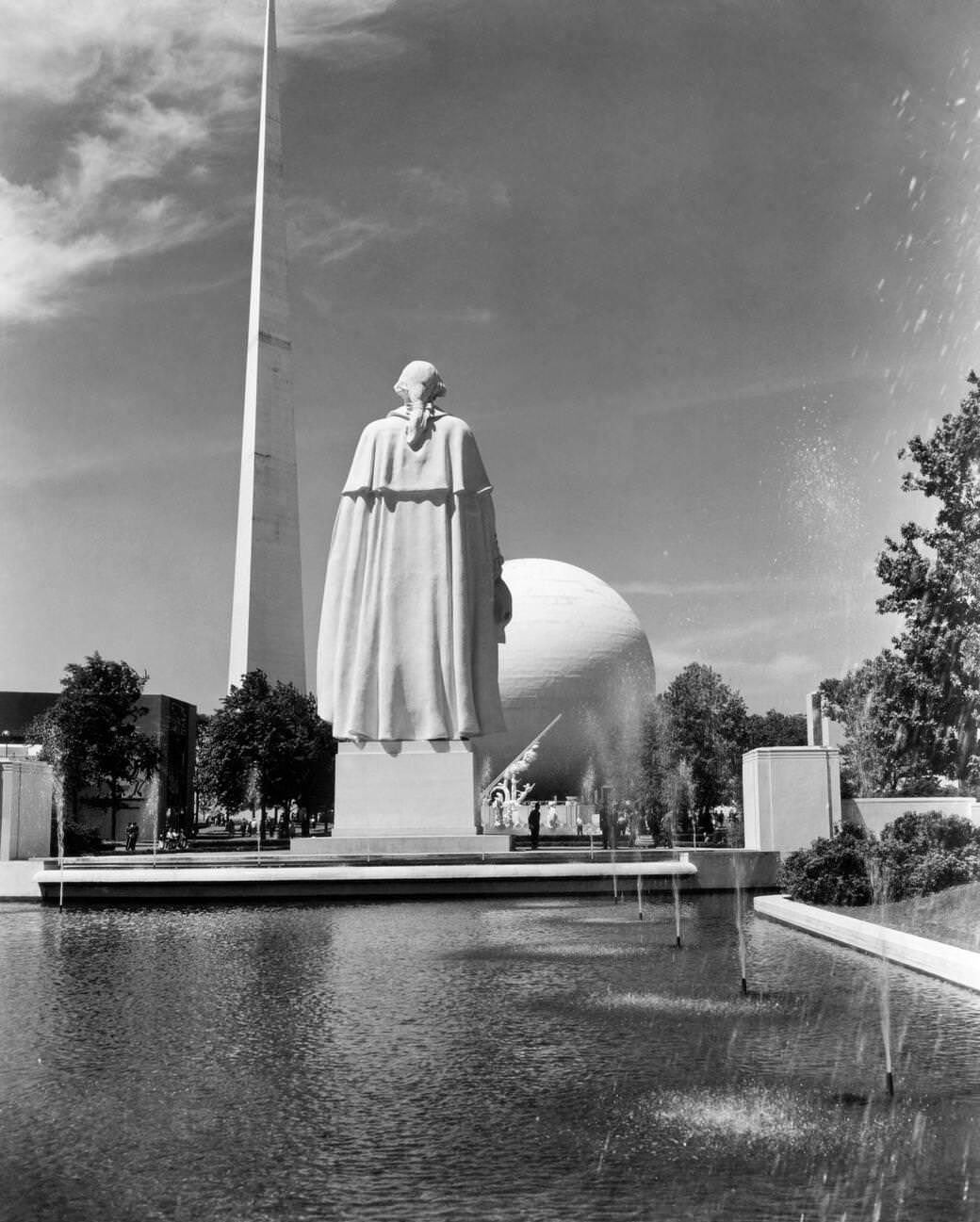 The 1939 World'S Fair Constitution Mall Pond With Statues And The Trylon And Perisphere In The Background, 1939.