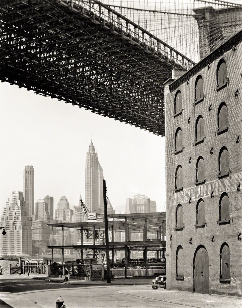 Warehouse District, Water And Dock Streets, Brooklyn, Looking West Under Brooklyn Bridge To Lower Manhattan, New York City, 1936