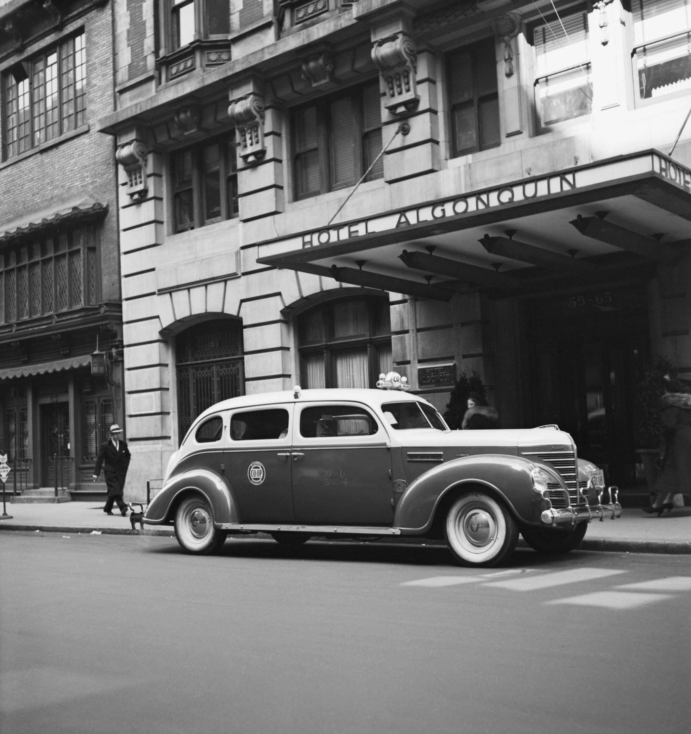 Co-Op Drivers Cab Parked Outside The Hotel Algonquin On West 44Th Street In Midtown Manhattan, 1940.
