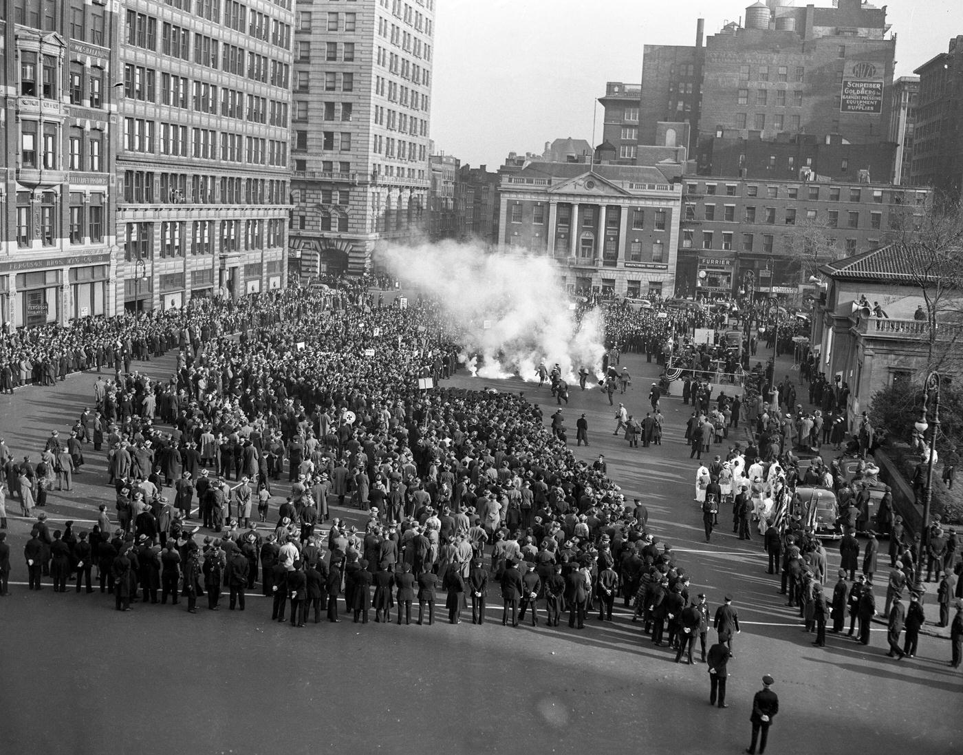 Smoke From Bursting Bombs During Air Raid Drill At Union Square, Manhattan, 1940.