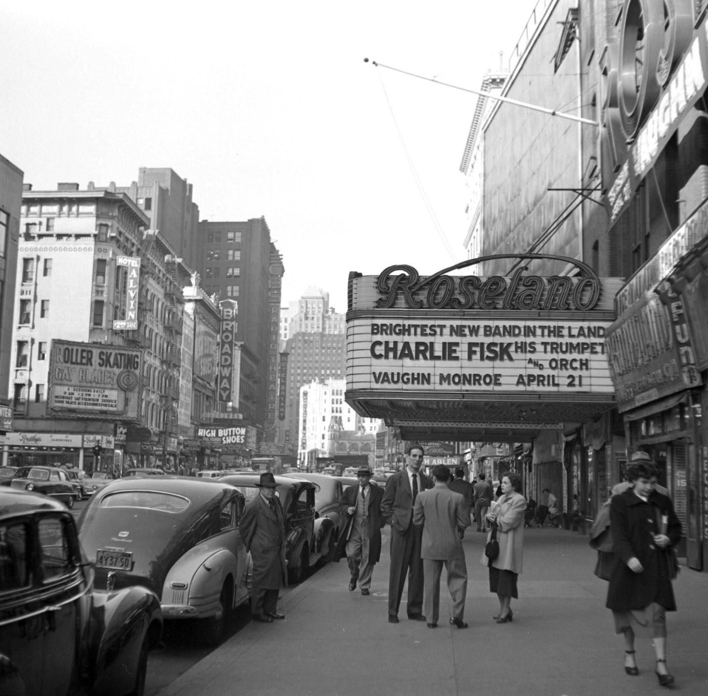 Roseland Theatre Marquee On Broadway, Manhattan, 1949.