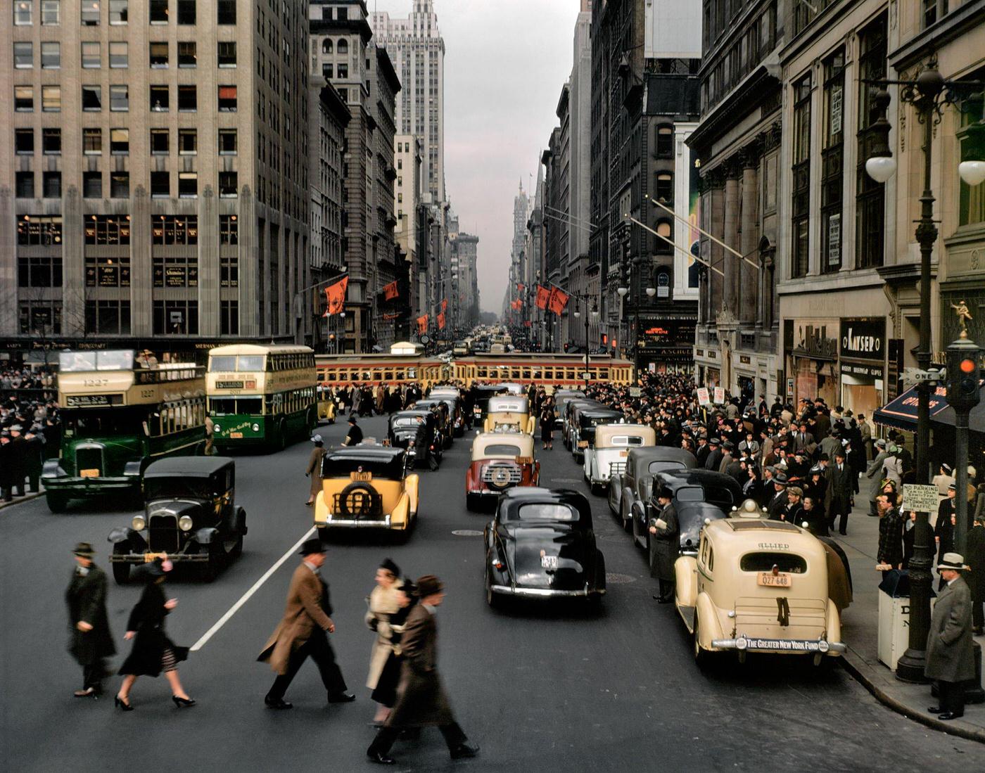 Pedestrians, Cars, Taxis, Buses, Trolley Traffic Fifth Avenue Looking North From Below 42Nd Street, Manhattan, 1940S