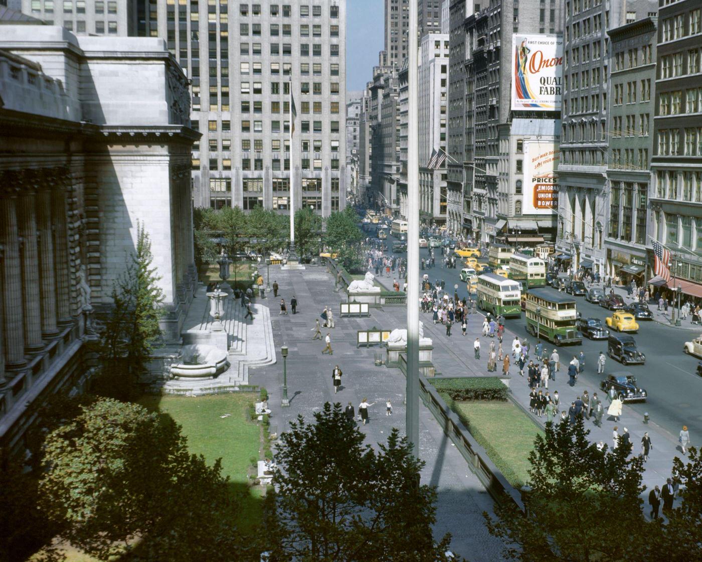 Looking Up Fifth Avenue From Across The Front Of The Public Library, Midtown, Manhattan, 1940S