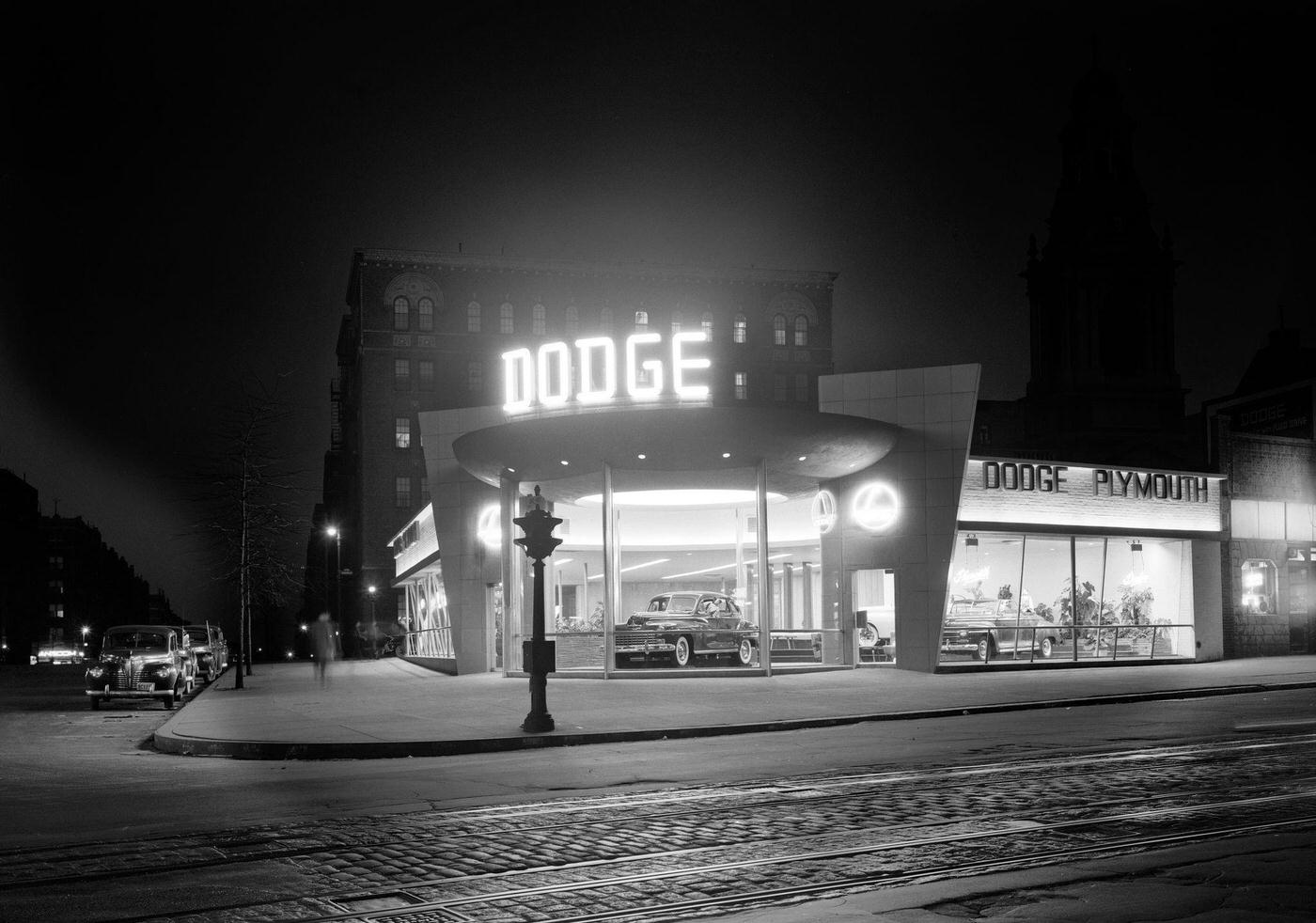 L Motors, Dodge Car Showroom At Night, Broadway At 177Th Street, Manhattan, 1948